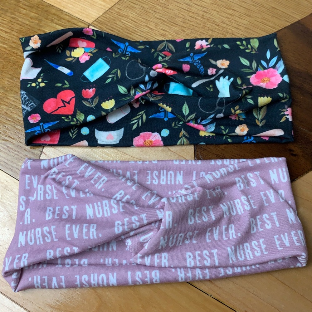 2 Nurse-Themed Pink and Black Headbands - Floral & 'Best Nurse Ever' Designs